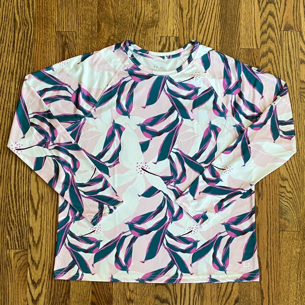 Huk Long Sleeve Performance Tee in White, Pink, Teal